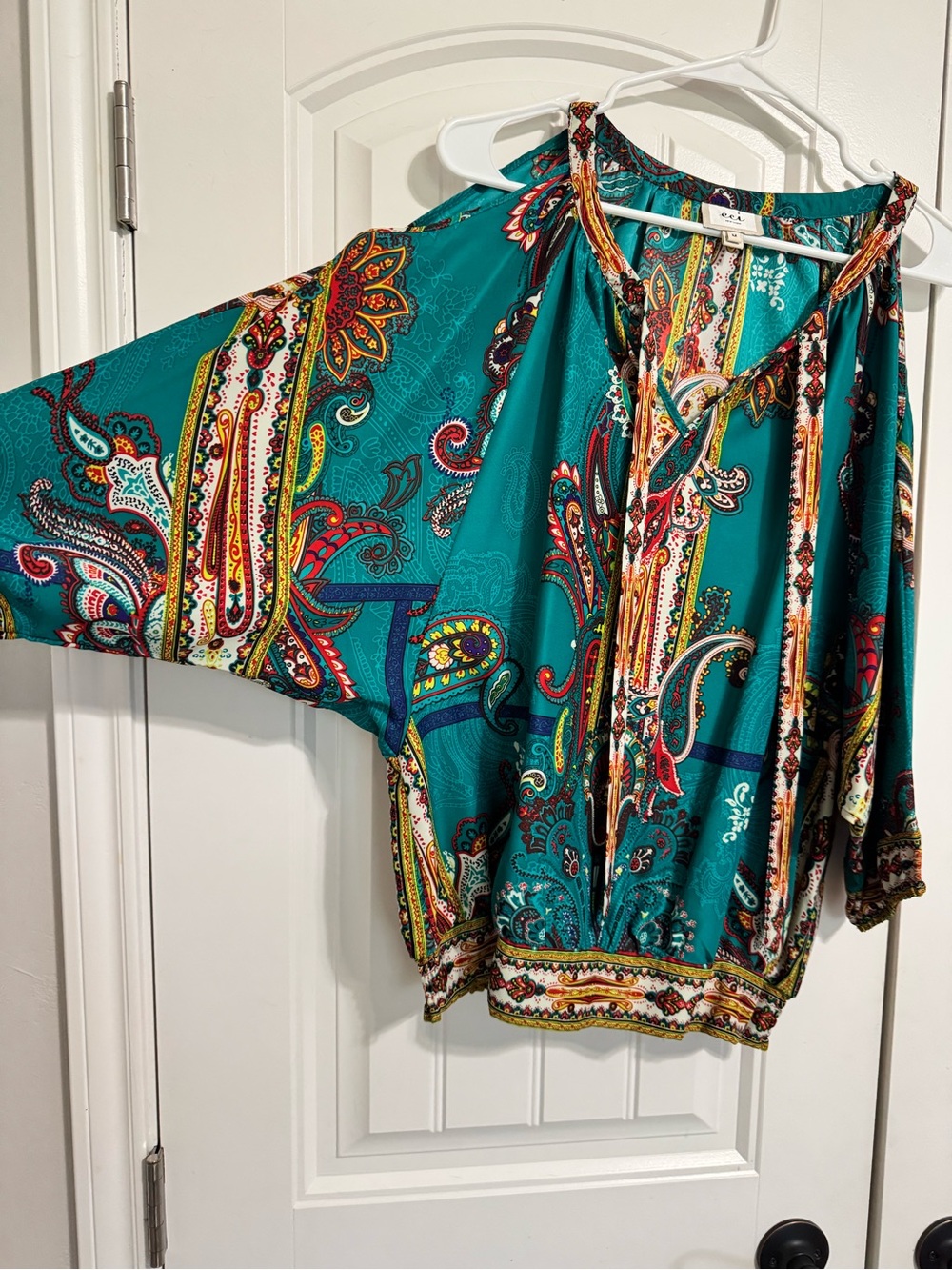 ECI Teal Multicolor Paisley Peasant Blouse